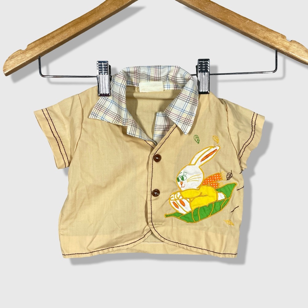 Catton Bros Short Sleeve Shirt Kids 2 Tan‎ Vintage Bunny Graphic Plaid Collar